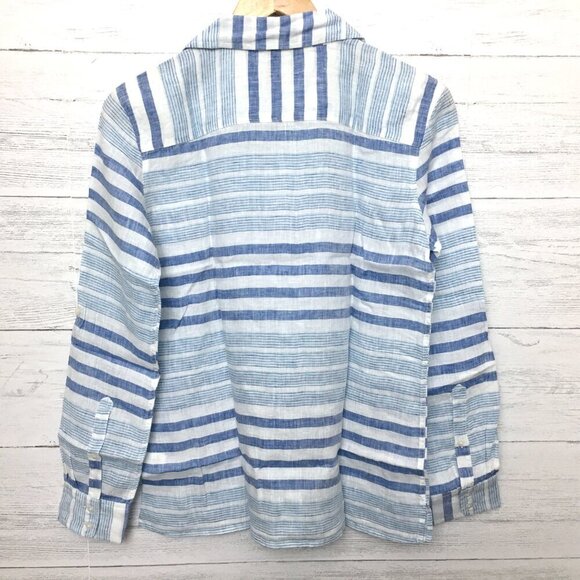 New UNTUCKit Women's Linen Shirt Blue White Stripe Vietti Button Up size 4 - Picture 2 of 7